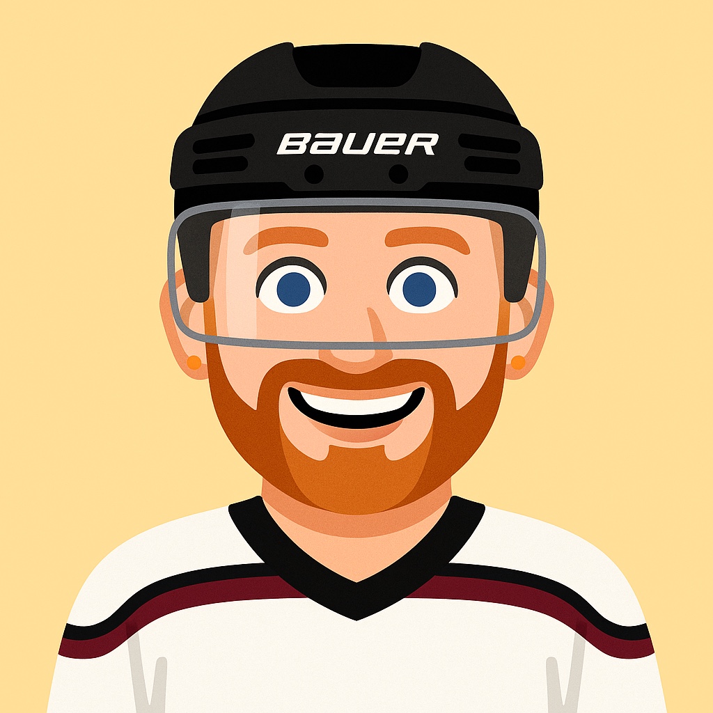 Illustrated portrait of Douglass Westwood in a Bauer hockey helmet and white jersey